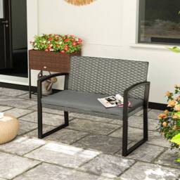 OUTSUNNY 2 Seater Rattan Garden Bench with Cushion, Steel Frame, Light Grey - thumbnail 1