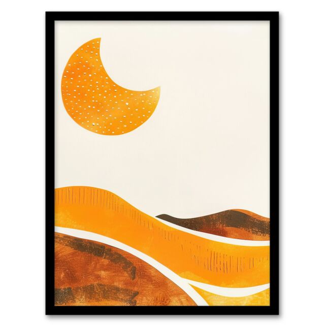 Artery8 Waxing Crescent Moon Abstract Orange Landscape Framed Art Print in Yellow - Size: A4 - image 1