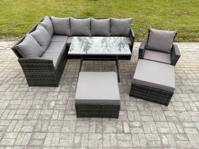 Fimous Rattan Garden Furniture Corner Sofa Set with Oblong Dining Table Footstool Armchair Outdoor Wicker Rattan Set in Dark Grey - image 1