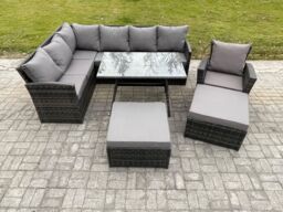 Fimous Rattan Garden Furniture Corner Sofa Set with Oblong Dining Table Footstool Armchair Outdoor Wicker Rattan Set in Dark Grey - thumbnail 1