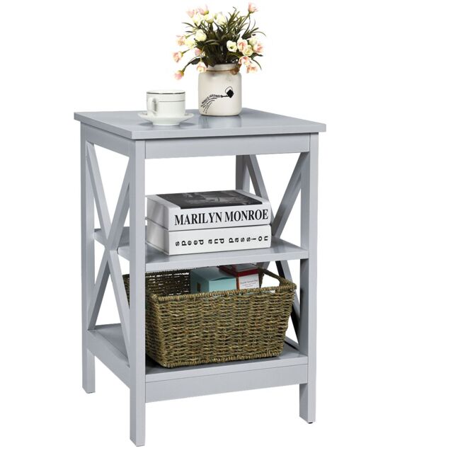 Gymax Nightstand 3-Tier Side End Table For Bedroom Living Room With X-Design in Light Grey - image 1