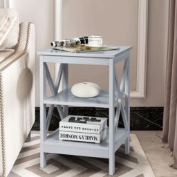 Gymax Nightstand 3-Tier Side End Table For Bedroom Living Room With X-Design in Light Grey - thumbnail 2