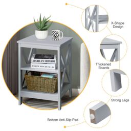 Gymax Nightstand 3-Tier Side End Table For Bedroom Living Room With X-Design in Light Grey - thumbnail 4