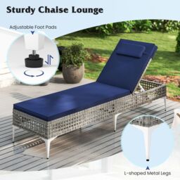 Costway Rattan Sun Lounger 6-Level Adjustable Garden Chaise Lounge Chair in Navy - thumbnail 6