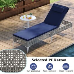 Costway Rattan Sun Lounger 6-Level Adjustable Garden Chaise Lounge Chair in Navy - thumbnail 8