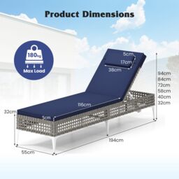 Costway Rattan Sun Lounger 6-Level Adjustable Garden Chaise Lounge Chair in Navy - thumbnail 2