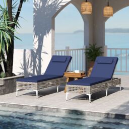 Costway Rattan Sun Lounger 6-Level Adjustable Garden Chaise Lounge Chair in Navy - thumbnail 4