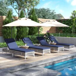 Costway Rattan Sun Lounger 6-Level Adjustable Garden Chaise Lounge Chair in Navy - thumbnail 5