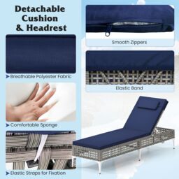 Costway Rattan Sun Lounger 6-Level Adjustable Garden Chaise Lounge Chair in Navy - thumbnail 9