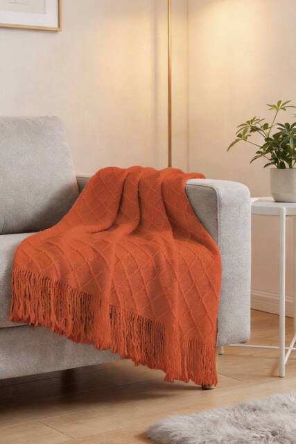 Living and Home Pattern Knitted Throw Blanket with Fringed Edges in Orange - Size: 130 cm x 170 cm - image 1