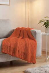 Living and Home Pattern Knitted Throw Blanket with Fringed Edges in Orange - Size: 130 cm x 170 cm - thumbnail 1