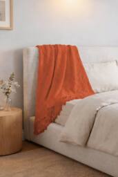 Living and Home Pattern Knitted Throw Blanket with Fringed Edges in Orange - Size: 130 cm x 170 cm - thumbnail 3