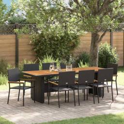 Berkfield Home 9 Piece Garden Dining Set Black Poly Rattan - thumbnail 2