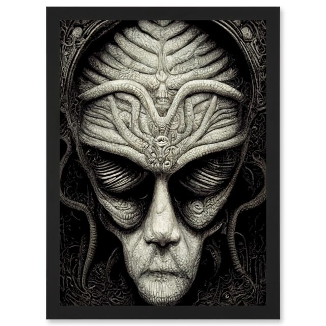 Artery8 Alien Grays Monochrome Gothic Horror Artwork Framed Wall Art Print A4 in Black - image 1