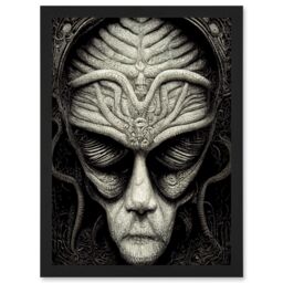 Artery8 Alien Grays Monochrome Gothic Horror Artwork Framed Wall Art Print A4 in Black - thumbnail 1