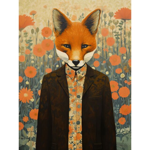 "Artery8 Wall Art Print Portrait of Dressed Fox in Suit & Shirt Floral Background Orange Brown Autumn Tones Poster - Size: W12"" x H16""" - image 1