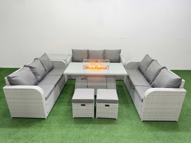 Fimous PE Rattan Lounge Sofa Set 11 Seater Outdoor Garden Furniture Set with Firepit Dining Table 3 Seater Sofa 2 Stools Side Table Light Grey - image 1