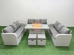 Fimous PE Rattan Lounge Sofa Set 11 Seater Outdoor Garden Furniture Set with Firepit Dining Table 3 Seater Sofa 2 Stools Side Table Light Grey - thumbnail 2