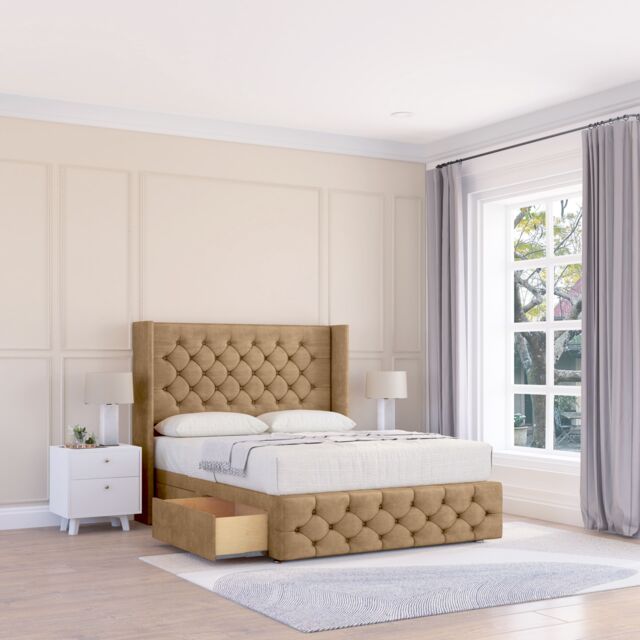 "Sloomy Luthor Dumfries Wingback Bed Set, No Drawers & 54"" Floor Standing Headboard in Light Beige - Size: King" - image 1