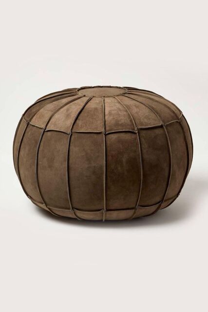 Homescapes Brown Leather & Suede Round Pouffe Footstool - image 1