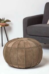 Homescapes Brown Leather & Suede Round Pouffe Footstool - thumbnail 2