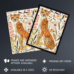 "Artery8 Happy Cheetah with Wildflowers Watercolour Framed Wall Art - Size: W12"" x H16""" - thumbnail 2
