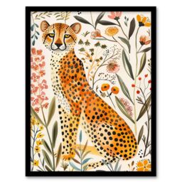 "Artery8 Happy Cheetah with Wildflowers Watercolour Framed Wall Art - Size: W12"" x H16""" - thumbnail 1