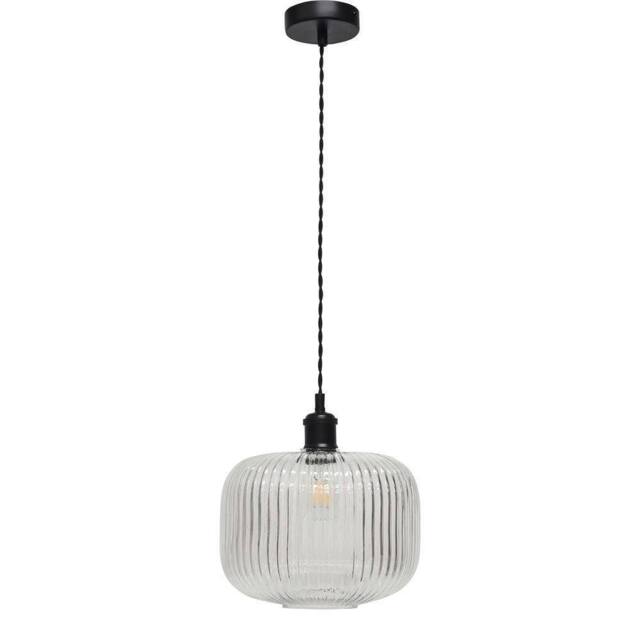 First Choice Lighting Batley Large - Clear Ribbed Glass Black Retro Pendant Fitting