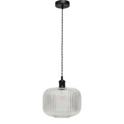 First Choice Lighting Batley Large - Clear Ribbed Glass Black Retro Pendant Fitting