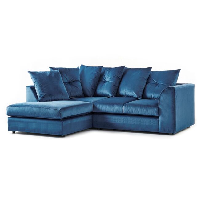 Furnishings For Less UK Fernando Soft Plush Velvet 3 to 4 Seater L Shaped Corner Sofa Left Hand Facing - Scatter Back in Blue - image 1