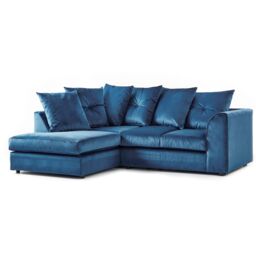 Furnishings For Less UK Fernando Soft Plush Velvet 3 to 4 Seater L Shaped Corner Sofa Left Hand Facing - Scatter Back in Blue