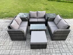 Fimous Outdoor Garden Furniture Sets 7 Seater Wicker Rattan Furniture Sofa Sets with Rectangular Coffee Table Love Sofa 2 Side Tables Big Footstool - thumbnail 1