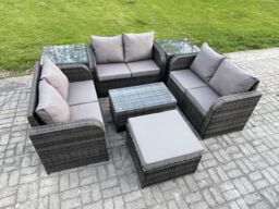 Fimous Outdoor Garden Furniture Sets 7 Seater Wicker Rattan Furniture Sofa Sets with Rectangular Coffee Table Love Sofa 2 Side Tables Big Footstool - thumbnail 2