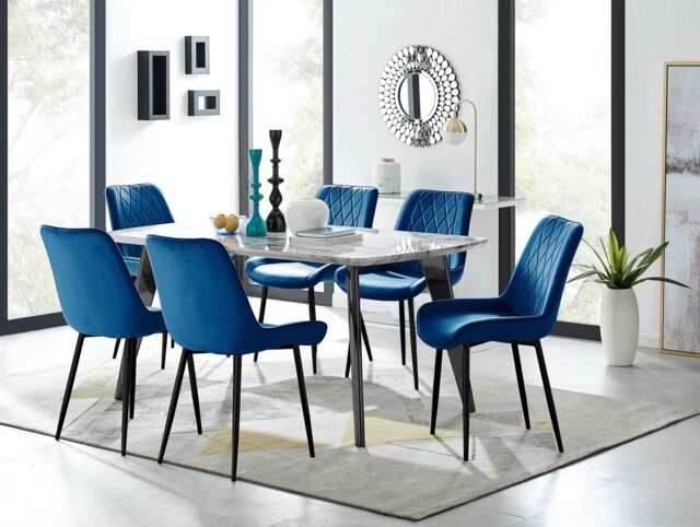 FurnitureboxUK Andria White Marble Effect & Black Leg 6 Seater Dining Table & 6 Pesaro Soft Velvet Chairs in Navy - image 1