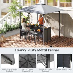 Gymax 3 PCS Patio Bar Set 245 x 245 cm Grill Gazebo With Table Bar Stools in Grey - thumbnail 9
