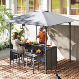 Gymax 3 PCS Patio Bar Set 245 x 245 cm Grill Gazebo With Table Bar Stools in Grey - thumbnail 5