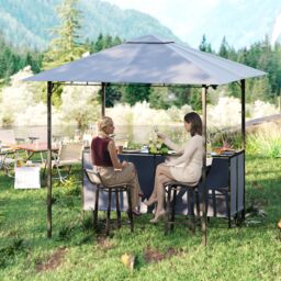 Gymax 3 PCS Patio Bar Set 245 x 245 cm Grill Gazebo With Table Bar Stools in Grey - thumbnail 4
