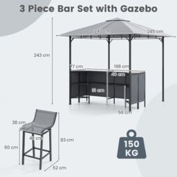 Gymax 3 PCS Patio Bar Set 245 x 245 cm Grill Gazebo With Table Bar Stools in Grey - thumbnail 2