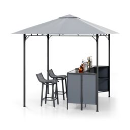 Gymax 3 PCS Patio Bar Set 245 x 245 cm Grill Gazebo With Table Bar Stools in Grey