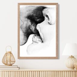ARTZE Kissing Couple Abstract Pencil Sketch Framed Print SIZE: A4 with Oak Frame in Black - thumbnail 2