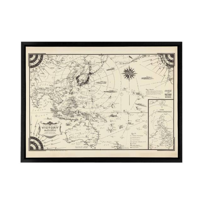 "Artery8 Map Ernest Dudley Chase 1944 Pacific Victory Framed Canvas Wall Art Print in Beige - Size: W12"" x H16""" - image 1