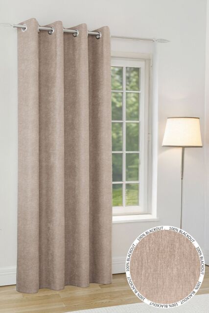 Enhanced Living 'Knightsbridge' Sand 100% Blackout, Thermal, Chenille Single Door Curtain with Eyelet Header - Size: 168 cm width x 214 cm drop - image 1