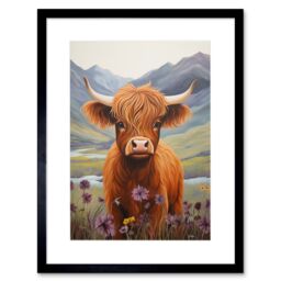 "Artery8 Wall Art Print Kids Bedroom Nursery Artwork Highland Calf Cow in Heather & Cornflower Glen Scotland Artwork Framed 9X7 Inch - Size: W7"" x H9""" - thumbnail 1