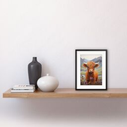 "Artery8 Wall Art Print Kids Bedroom Nursery Artwork Highland Calf Cow in Heather & Cornflower Glen Scotland Artwork Framed 9X7 Inch - Size: W7"" x H9""" - thumbnail 2