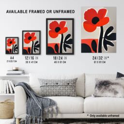 "Artery8 Single Poppy Flower Boho Graphic Design Wall Art Print in Red - Size: W12"" x H16""" - thumbnail 3
