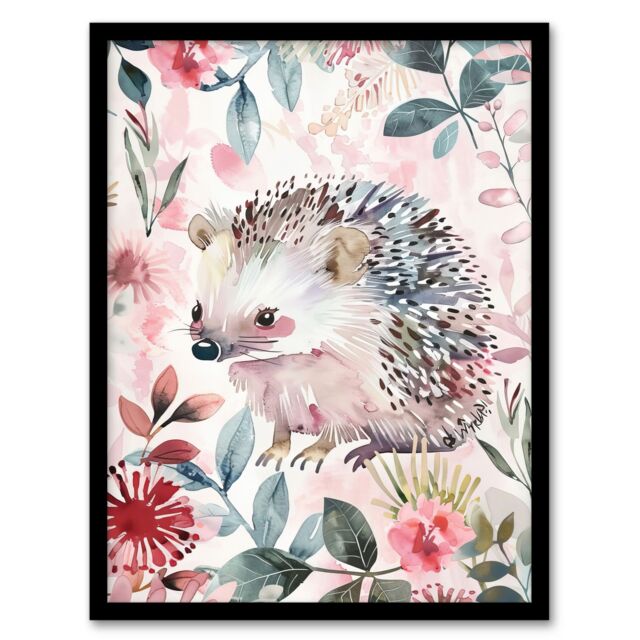 "Artery8 Cute Pastel Hedgehog in Wildflowers Watercolour Framed Art Print in Pink - Size: W12"" x H16""" - image 1