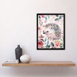 "Artery8 Cute Pastel Hedgehog in Wildflowers Watercolour Framed Art Print in Pink - Size: W12"" x H16""" - thumbnail 4