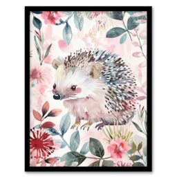 "Artery8 Cute Pastel Hedgehog in Wildflowers Watercolour Framed Art Print in Pink - Size: W12"" x H16""" - thumbnail 1