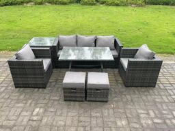 Fimous 7 Seater Rattan Outdoor Furniture Garden Dining Set with Lounge Sofa Dining Table 2 Armchairs Small Stools in Dark Grey - thumbnail 2