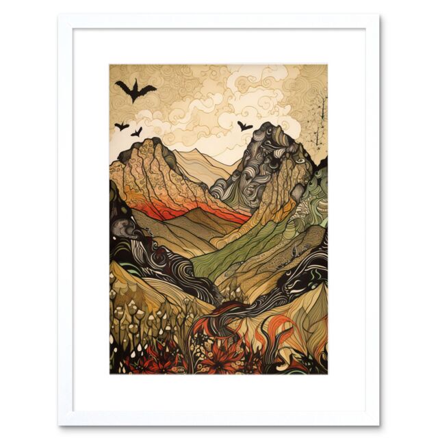 "Artery8 Wall Art Print Mountain Landscape Multicoloured Pattern Linocut Artwork Framed 9X7 Inch in White - Size: W7"" x H9""" - image 1